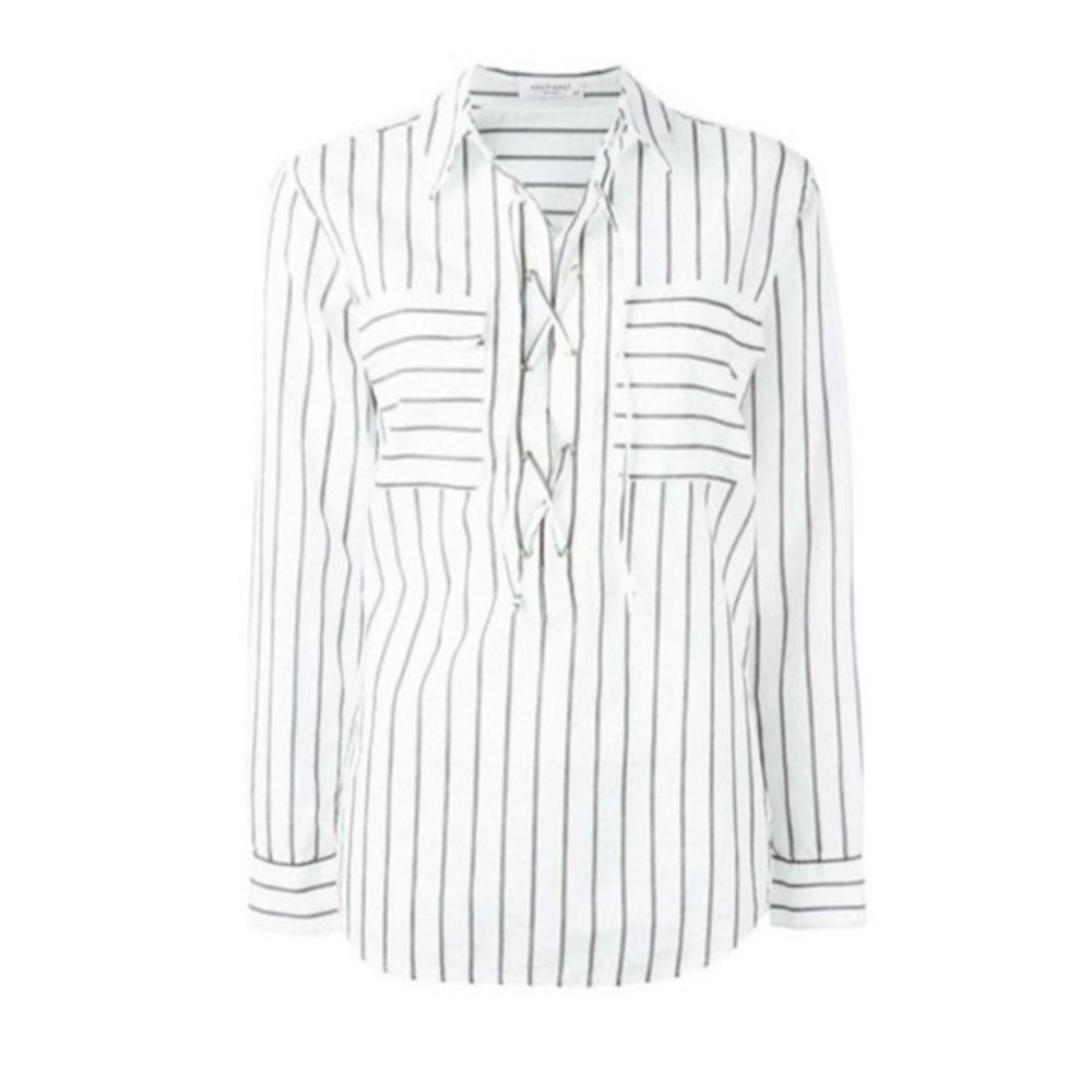 Equipment Femme Knox White Black Striped Long Sleeve Lace Up Top Size Small